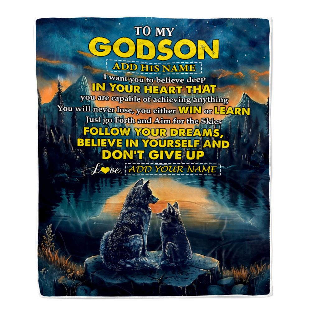 Personalized To My Godson Gifts From Godmother Uncle Blanket Don't Give Up Wolf Gifts For Godson Birthday Graduation Christmas Customized Fleece Throw Blanket