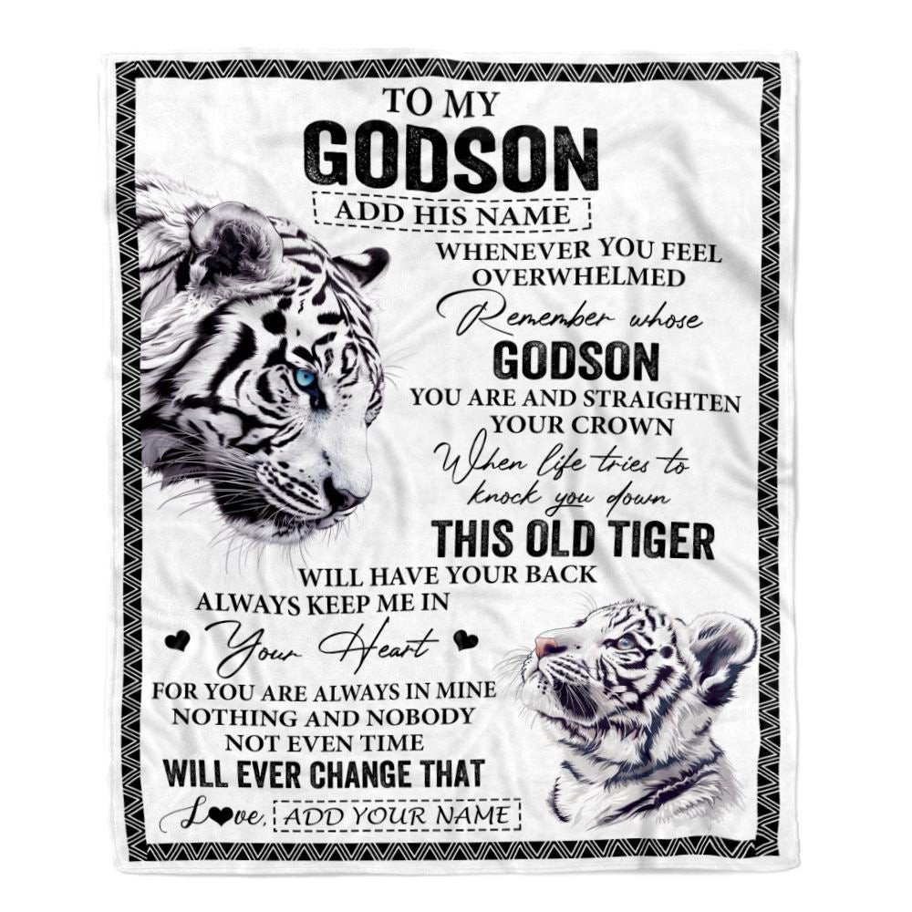 Personalized To My Godson Gifts Blanket From Godmother Uncle Whenever White Tiger Unique Birthday Gifts For Godson Graduation Christmas Fleece Throw Blanket