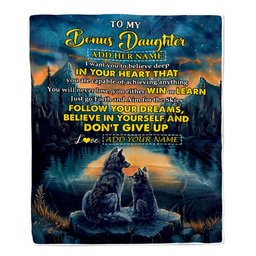 Personalized To My Bonus Daughter Gifts From Step Mom Blanket Don't Give Up Wolf Gifts For Stepdaughter Birthday Graduation Christmas Customized Fleece Blanket