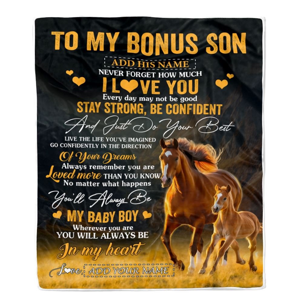 Personalized To My Bonus Son Gifts From Stepmother Stepdad Blanket Horse Never Forget How Much I Love You Stepson Birthday Graduation Christmas Fleece Blanket