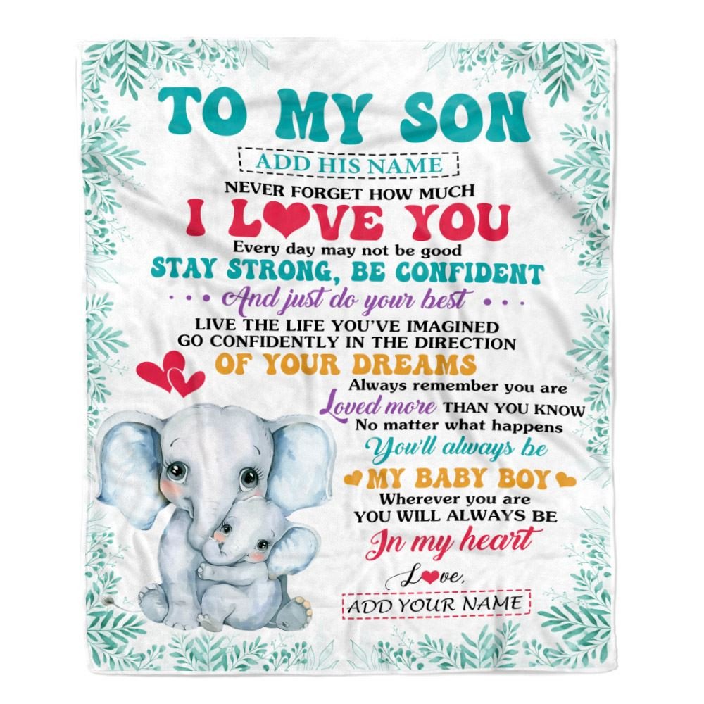 Personalized To My Son Gifts From Mom Mother Father Blanket Elephant Never Forget How Much I Love You Son Birthday Gifts Graduation Christmas Fleece Blanket