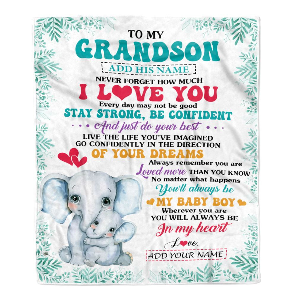 Personalized To My Grandson Gifts From Grandma Nana Blanket Elephant Never Forget How Much I Love You Grandson Birthday Graduation Christmas Fleece Blanket