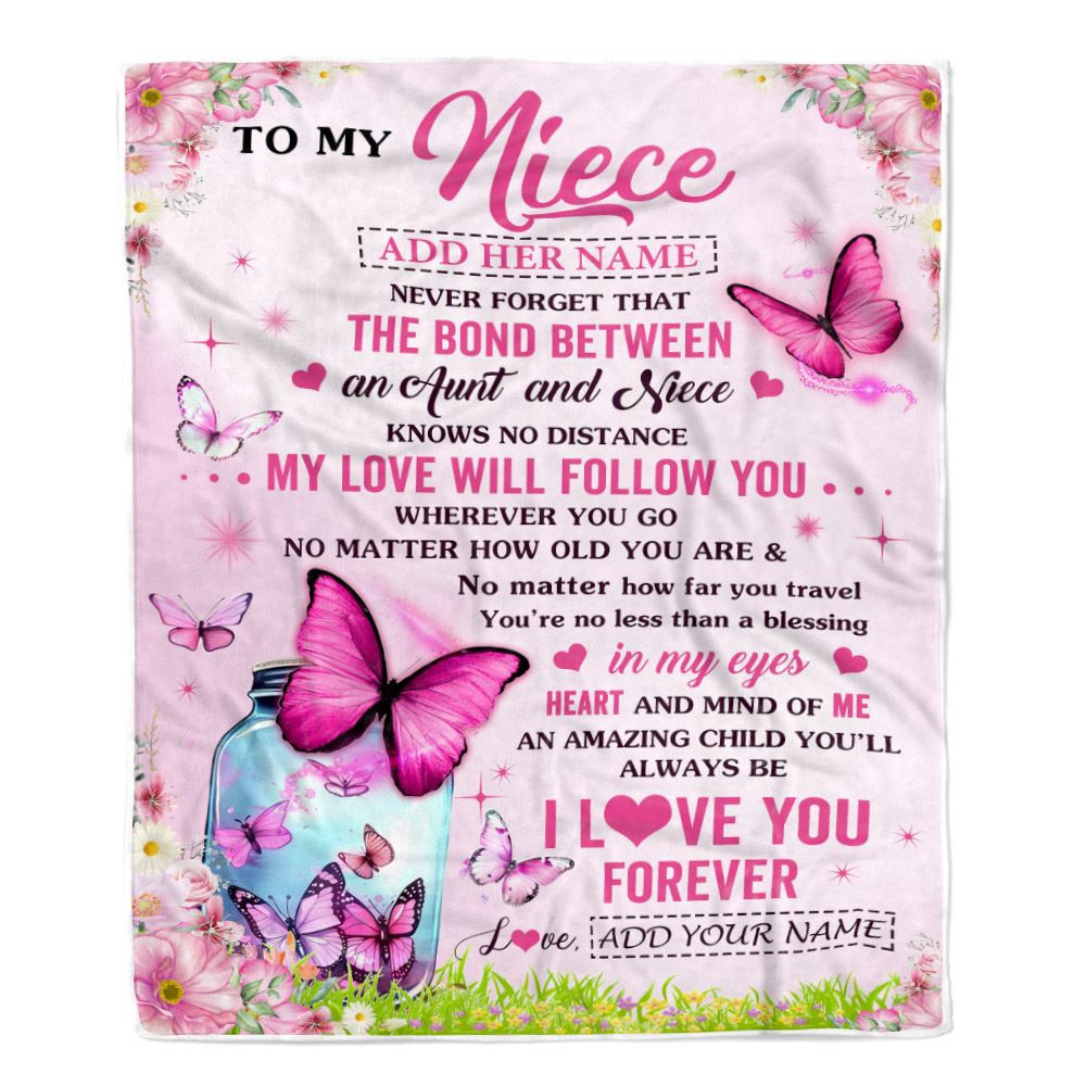 Personalized To My Niece Butterfly Blanket From Aunt Auntie The Bond Between Niece Birthday Gifts Graduation Christmas Customized Fleece Throw Blanket