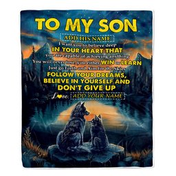 Personalized To My Son Gifts From Mom Dad Mother Father Blanket Don't Give Up Wolf Gifts For Son Birthday Graduation Christmas Customized Fleece Throw Blanket