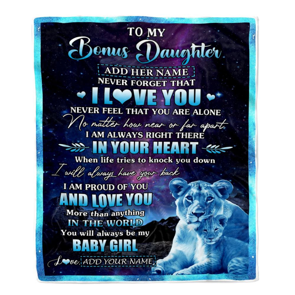 Personalized To My Bonus Daughter Gifts From Step Mom Blanket I Love You Lion Birthday Gift Ideas For Stepdaughter Graduation Christmas Fleece Throw Blanket
