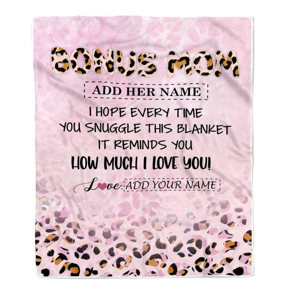 Personalized To My Bonus Mom Gifts From Stepdaughter Blanket Pink Leopard Happy Birthday Gifts For Stepmom Mothers Day Christmas Customized Fleece Blanket
