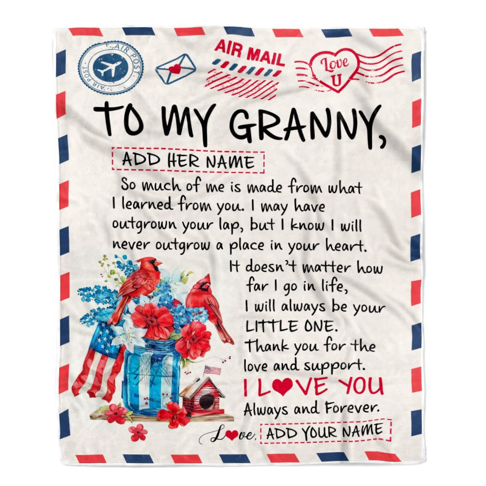 Personalized To My Granny Gifts Blanket From Granddaughter Grandson Cardinal Letter Air Mail Letter Birthday Gifts For Granny Mothers Day Christmas Fleece Blanket