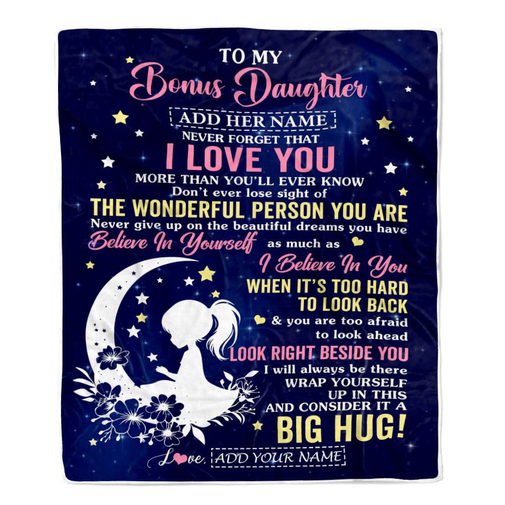 Personalized To My Bonus Daughter Gifts From Stepmom Stepdad Blanket Floral Moon Birthday Gifts For Stepdaughter Graduation Wedding Christmas Fleece Blanket