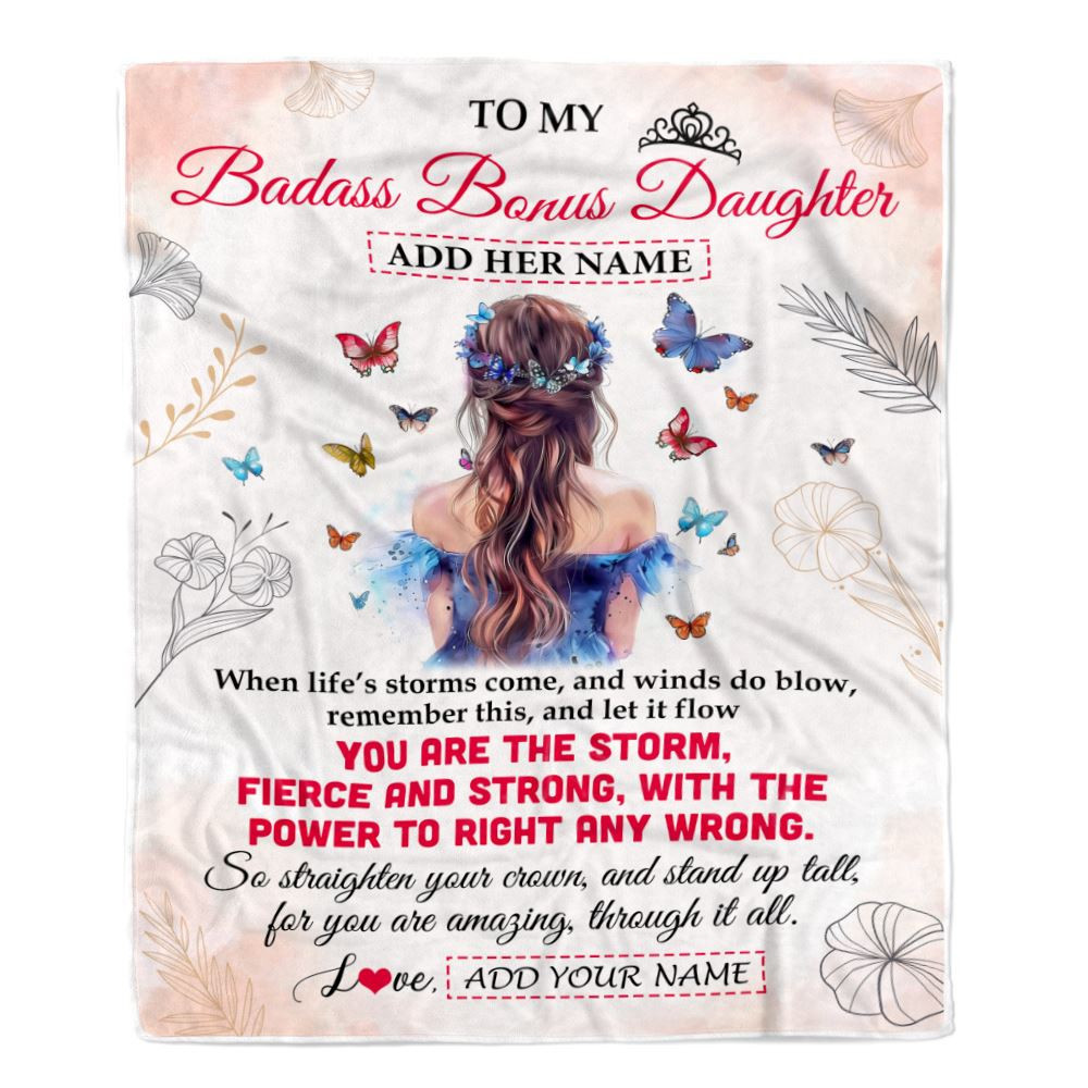 Personalized To My Badass Bonus Daughter Blanket From Stepmom Bonus Dad Floral Butterfly Stepdaughter Birthday Gifts Christmas Customized Fleece Blanket