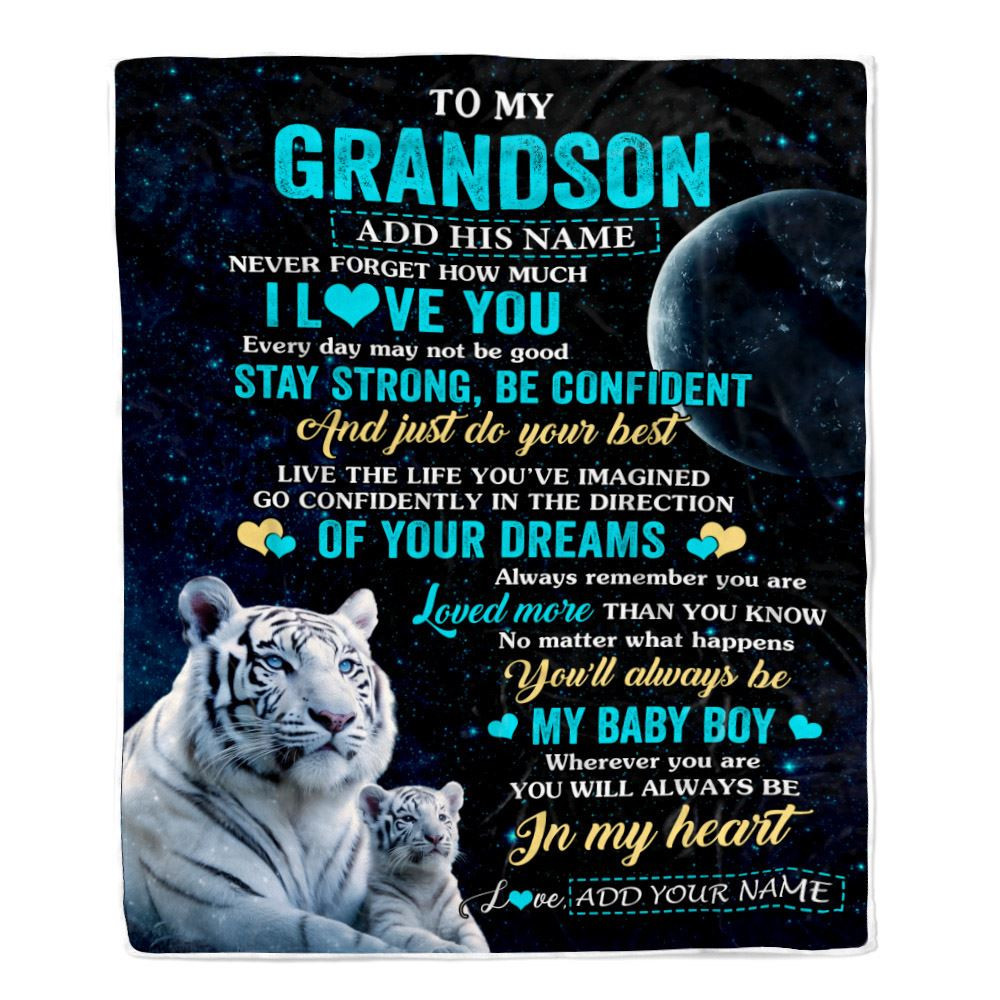 Personalized To My Grandson Gifts From Grandma Papa Blanket White Tiger Never Forget How Much I Love You Grandson Birthday Graduation Christmas Fleece Blanket