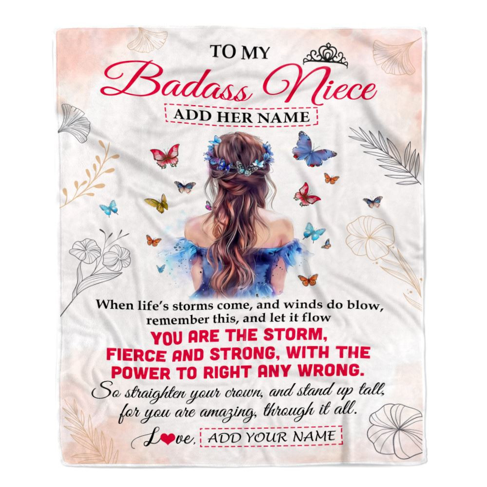 Personalized To My Badass Niece Blanket From Aunt Auntie Uncle Floral Butterfly Niece Birthday Gifts Graduation Christmas Customized Fleece Throw Blanket