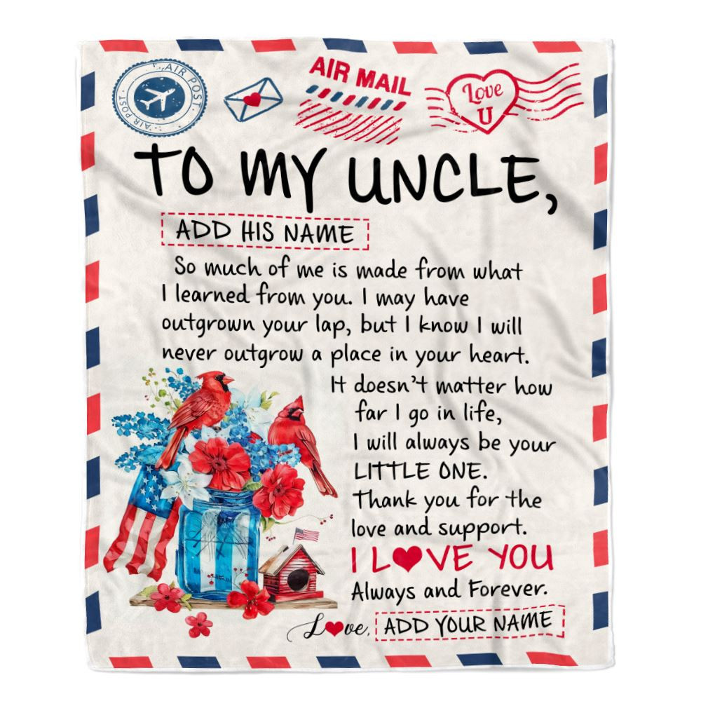 Personalized To My Uncle Gifts Blanket From Niece Nephew Cardinal Letter Air Mail Letter Birthday Gifts For Uncle Fathers Day Christmas Uncle Fleece Throw Blanket