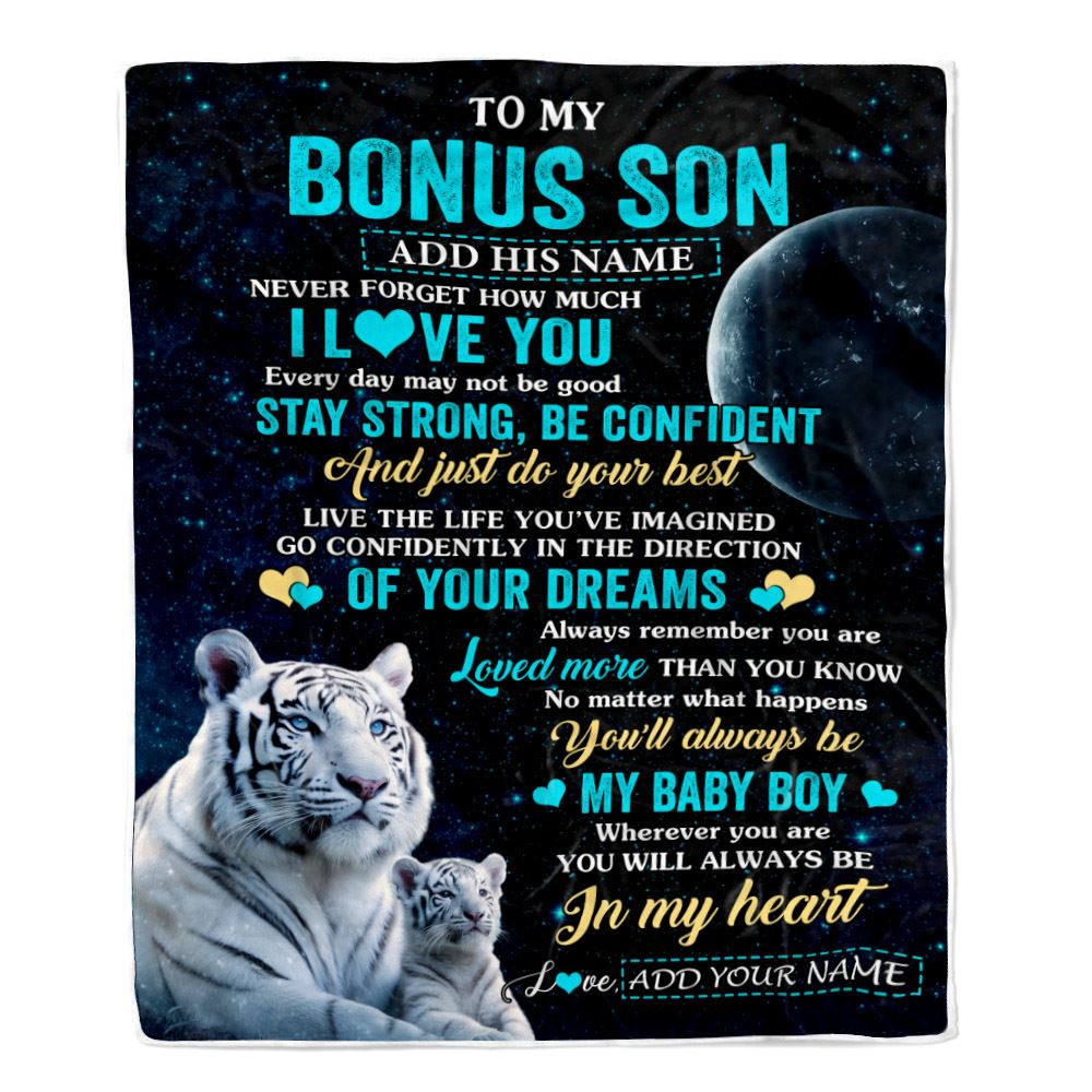 Personalized To My Bonus Son Gifts From Stepmother Stepdad Blanket White Tiger Never Forget How Much I Love You Stepson Birthday Christmas Fleece Blanket