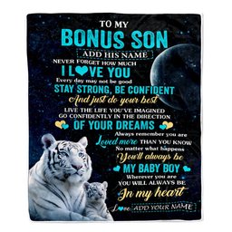 Personalized To My Bonus Son Gifts From Stepmother Stepdad Blanket White Tiger Never Forget How Much I Love You Stepson Birthday Christmas Fleece Blanket