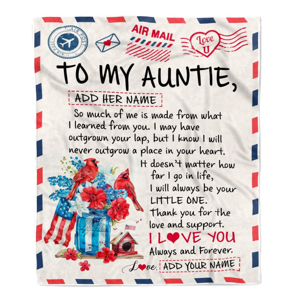 Personalized To My Auntie Gifts Blanket From Niece Nephew Cardinal Letter Air Mail Letter Birthday Gifts For Auntie Mothers Day Christmas Auntie Fleece Throw Blanket