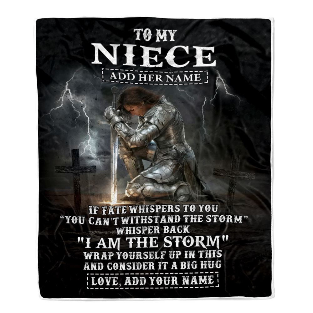 Personalized To My Niece Blanket Women Warrior Knights Templar I Am The Storm Best Niece Birthday Gifts Christmas Customized Fleece Throw Blanket