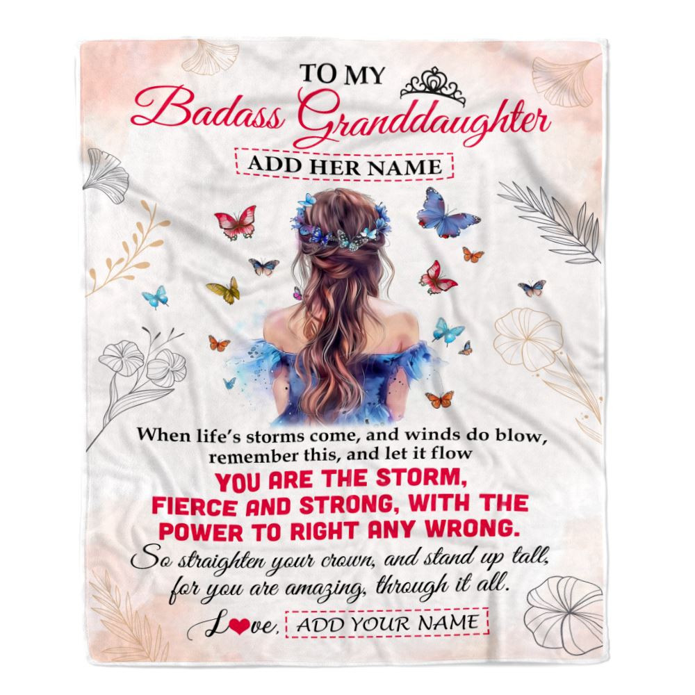 Personalized To My Badass Granddaughter Blanket From Grandma Grandpa Floral Butterfly Granddaughter Birthday Gifts Christmas Customized Fleece Throw Blanket