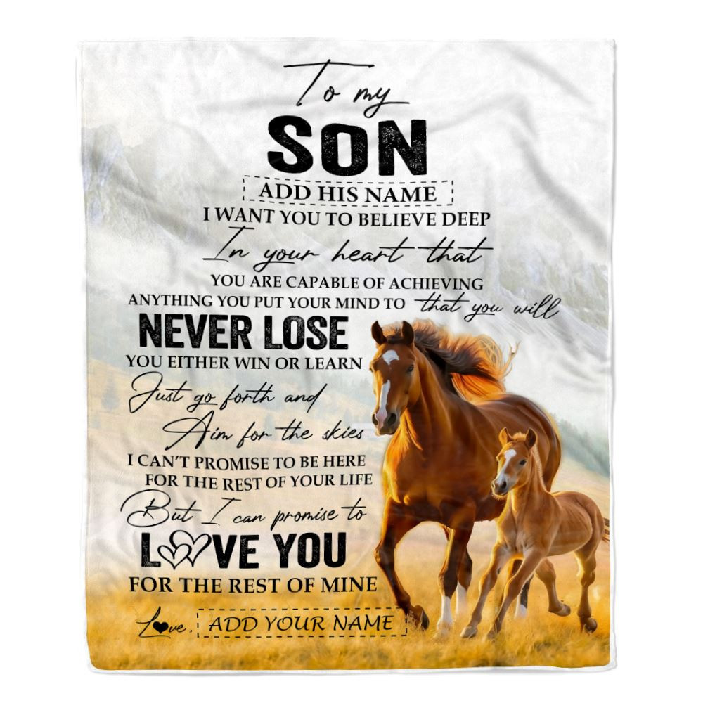 Personalized To My Son Blanket From Mom Dad Mother Father You Will Never Lose Horse Son Birthday Gifts Graduation Christmas Customized Fleece Throw Blanket