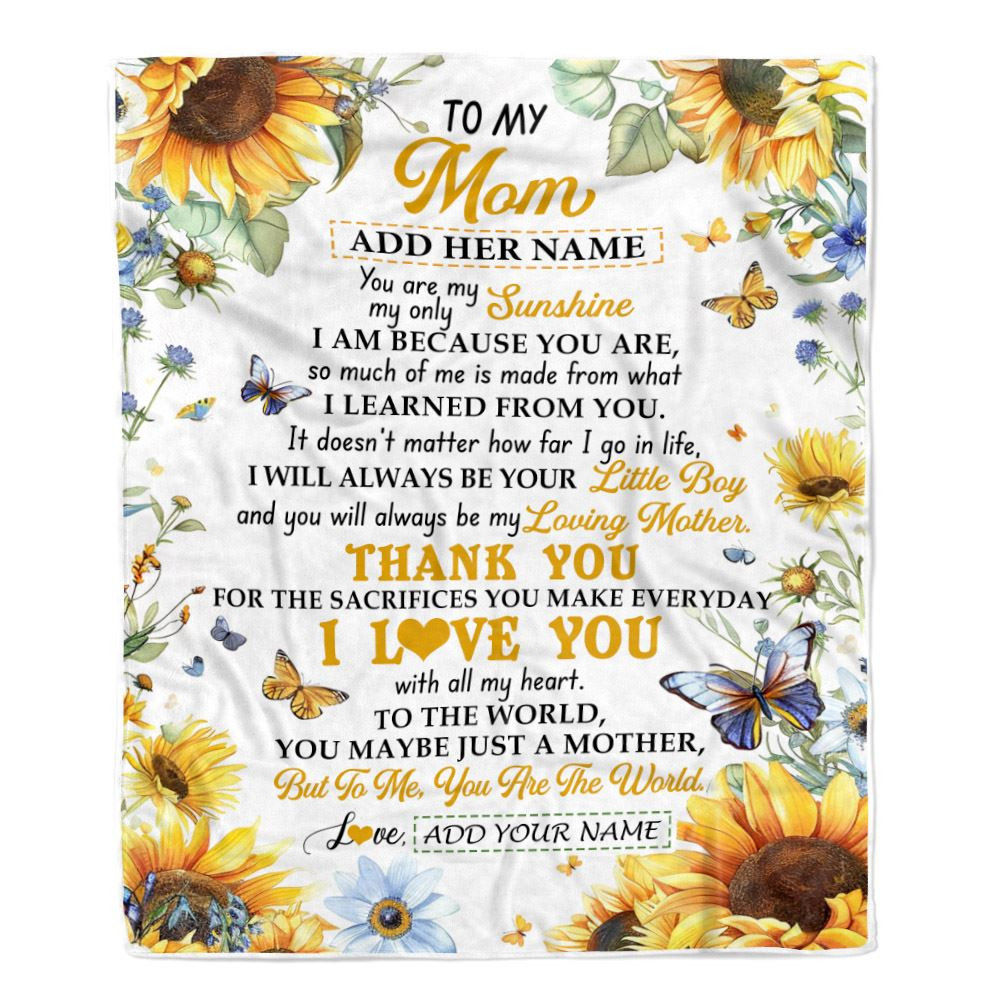 Personalized To My Mom Gifts Blanket From Son Children On Mothers Day Sunflower Thank You Best Mom Birthday Gifts Mama Christmas Fleece Throw Blanket