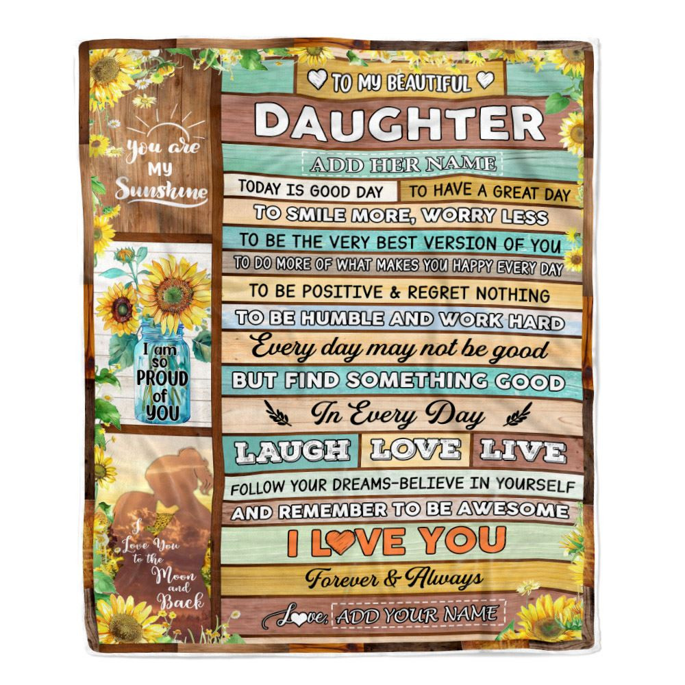 Personalized To My Beautiful Daughter Gifts Blanket From Mom Mother Wood Sunflower Gifts For Daughter Birthday Graduation Christmas Customized Fleece Blanket