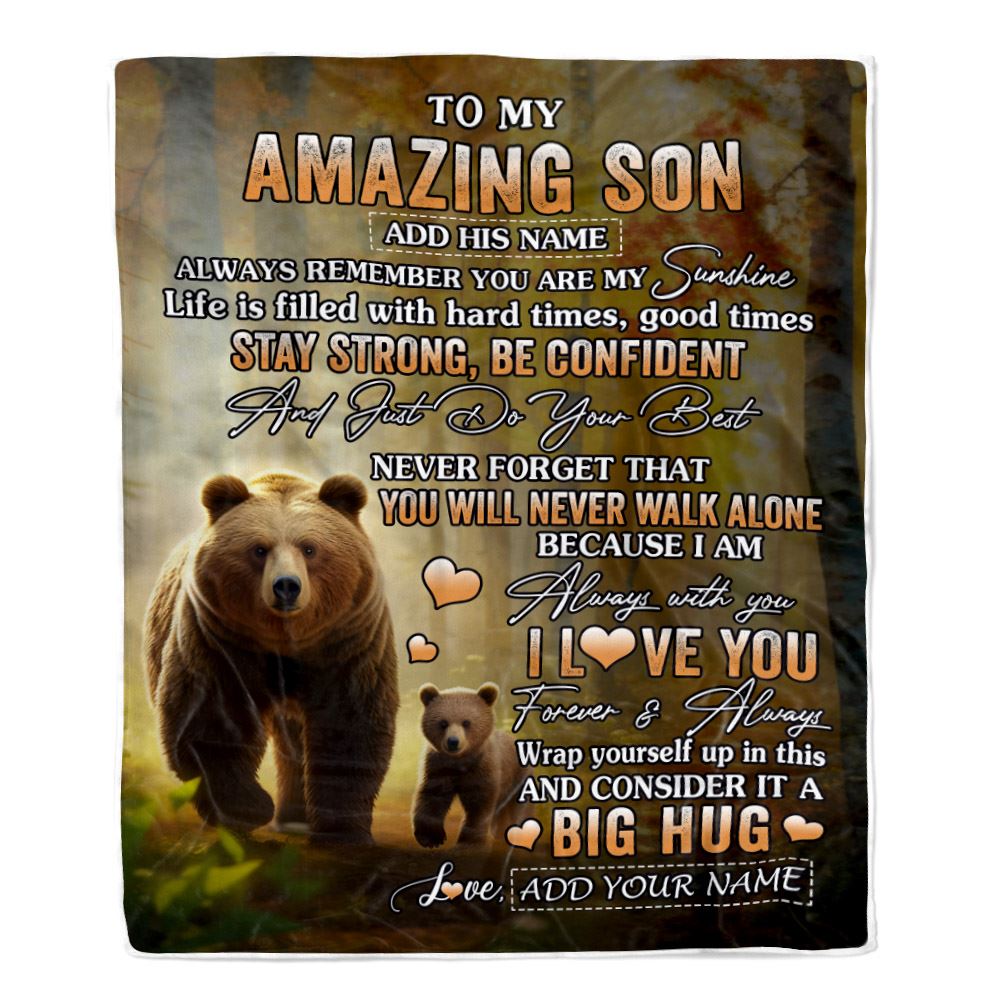 Personalized To My Amazing Son Bear Blanket From Mom Dad Mother Father My Sunshine Son Birthday Gifts Graduation Christmas Customized Fleece Throw Blanket