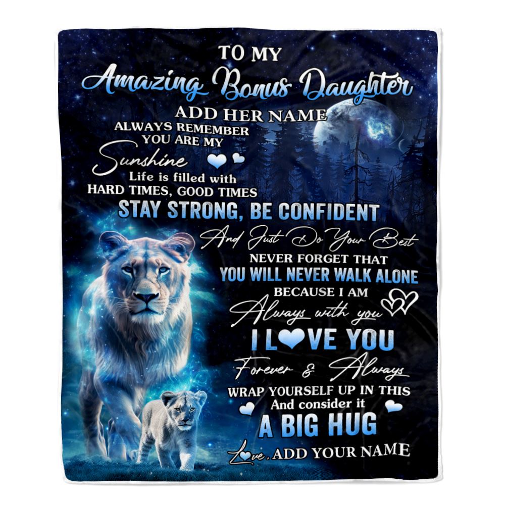 Personalized To My Amazing Bonus Daughter Lion Blanket From Stepmother My Sunshine Stepdaughter Birthday Gifts Christmas Customized Fleece Throw Blanket