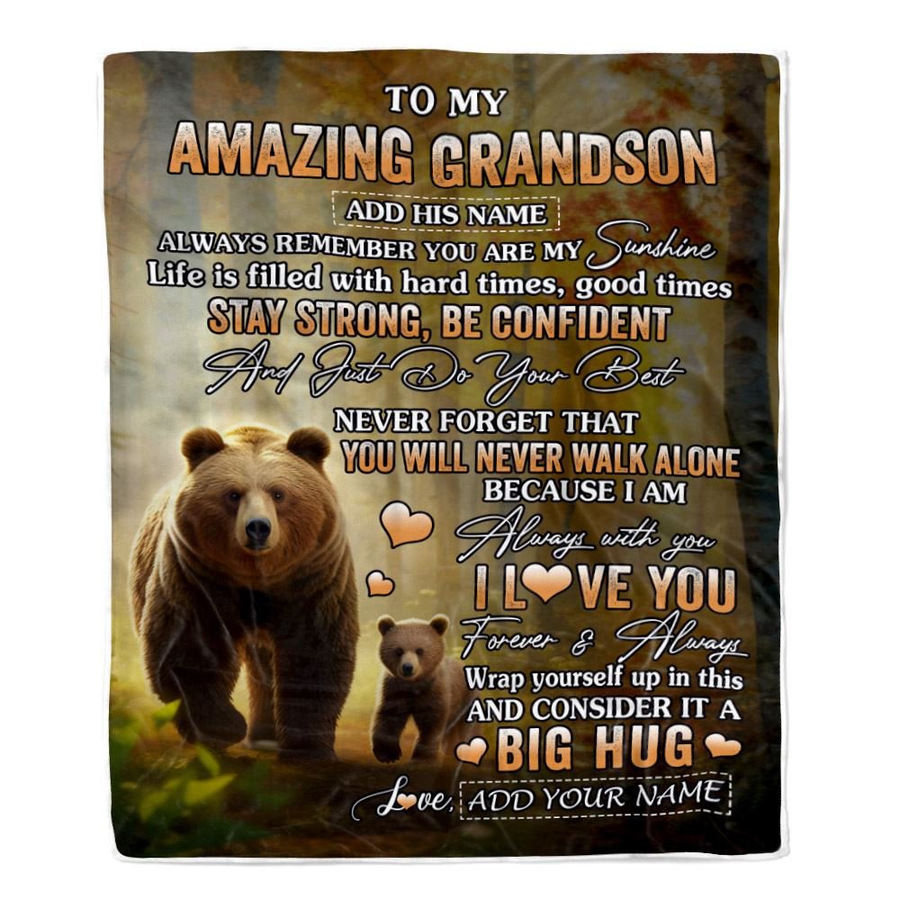 Personalized To My Amazing Grandson Bear Blanket From Grandma Grandpa My Sunshine Grandson Birthday Gifts Graduation Christmas Customized Fleece Throw Blanket