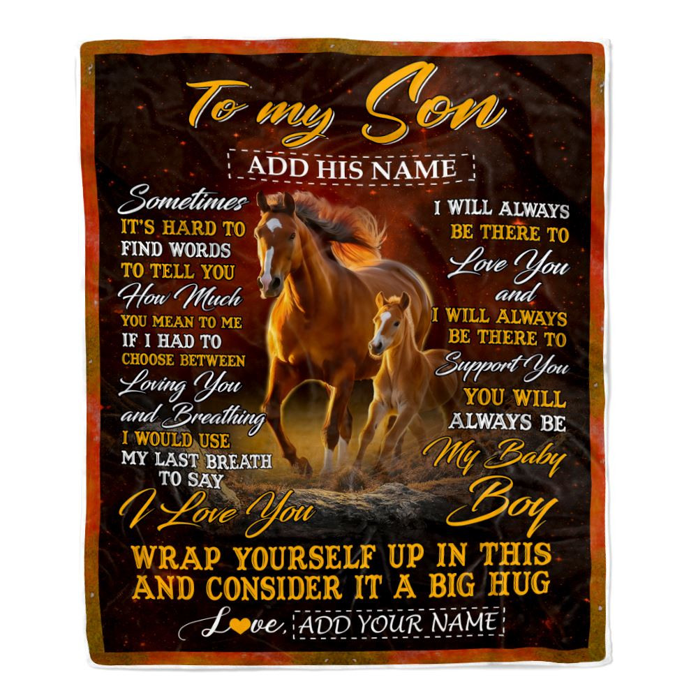 Personalized To My Son Gift Blanket From Mom Dad Mother Sometimes It's Hard Horse Son Birthday Gifts Graduation Christmas Customized Fleece Throw Blanket