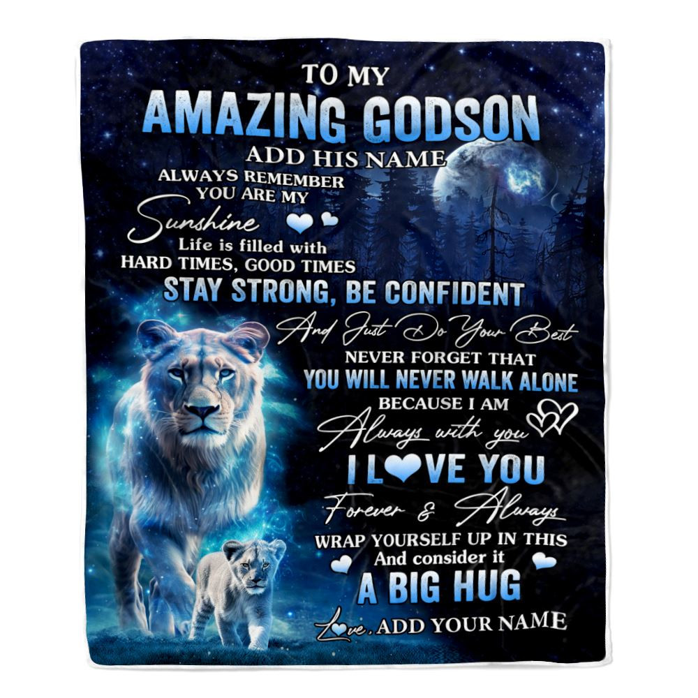 Personalized To My Amazing Godson Lion Blanket From Godmother My Sunshine Godson Birthday Gifts Graduation Christmas Customized Fleece Throw Blanket
