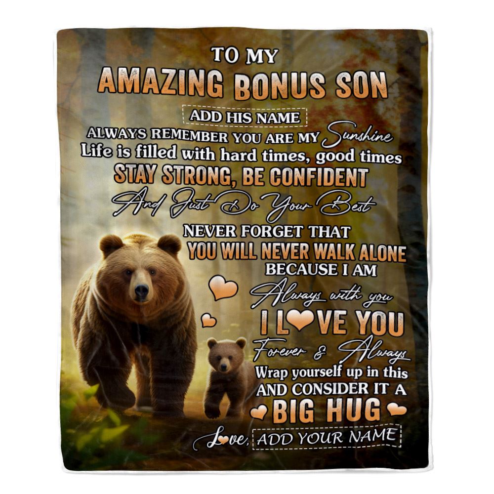 Personalized To My Amazing Bonus Son Bear Blanket From Stepmother Stepdad My Sunshine Stepson Birthday Gifts Graduation Christmas Customized Fleece Blanket