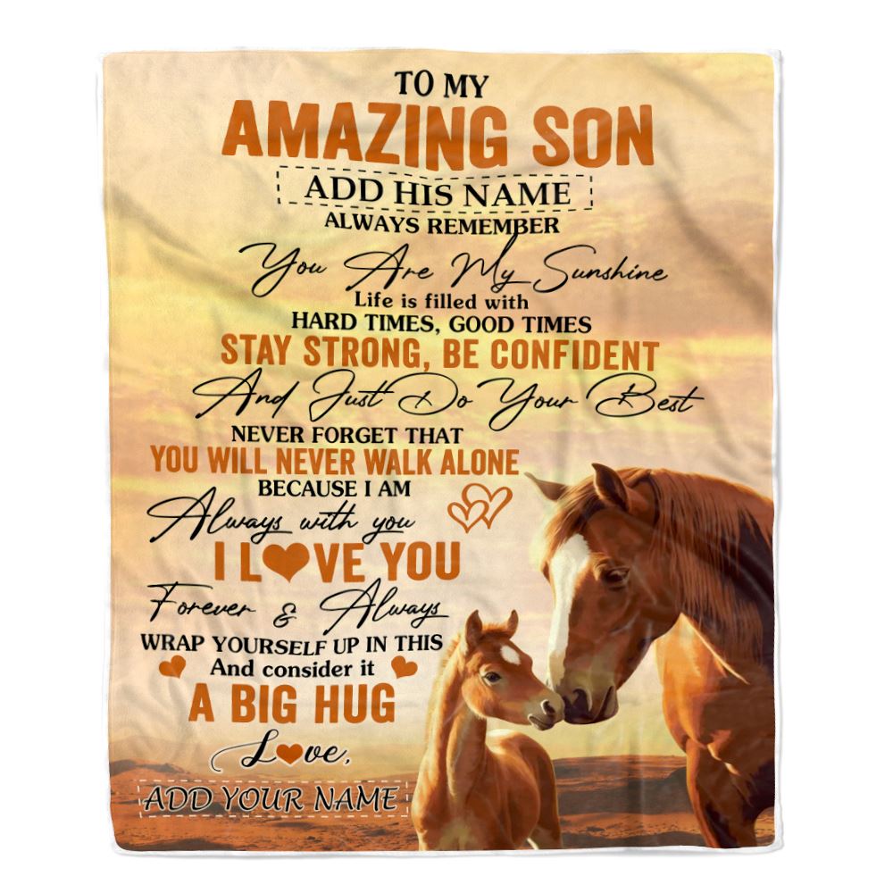 Personalized To My Amazing Son Horse Blanket From Mom Dad Mother Father My Sunshine Son Birthday Gifts Graduation Christmas Customized Fleece Throw Blanket