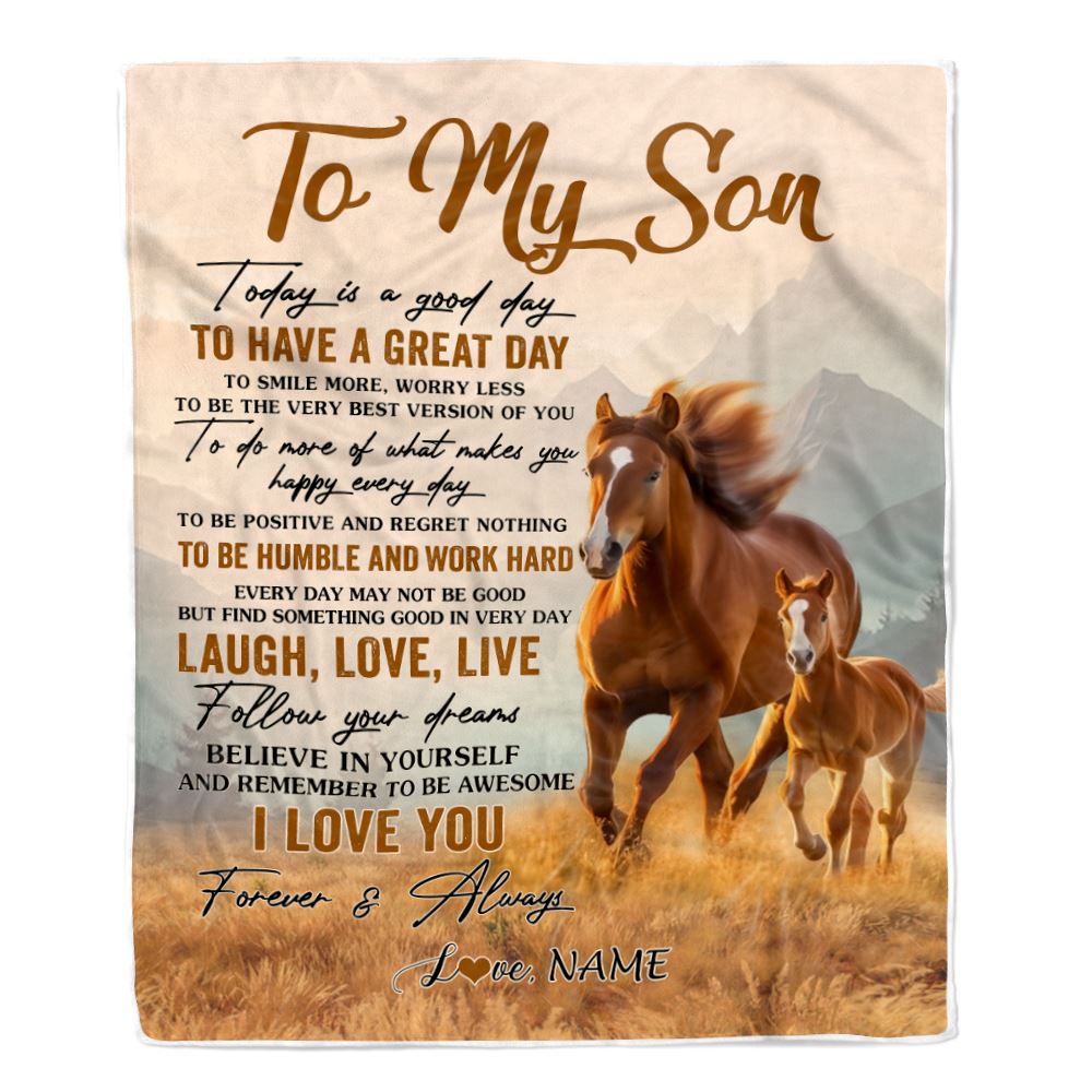 Personalized To My Son Horse Blanket From Mom Dad Mother Father Every Day Laugh Love Live Son Birthday Gifts Graduation Christmas Customized Fleece Blanket