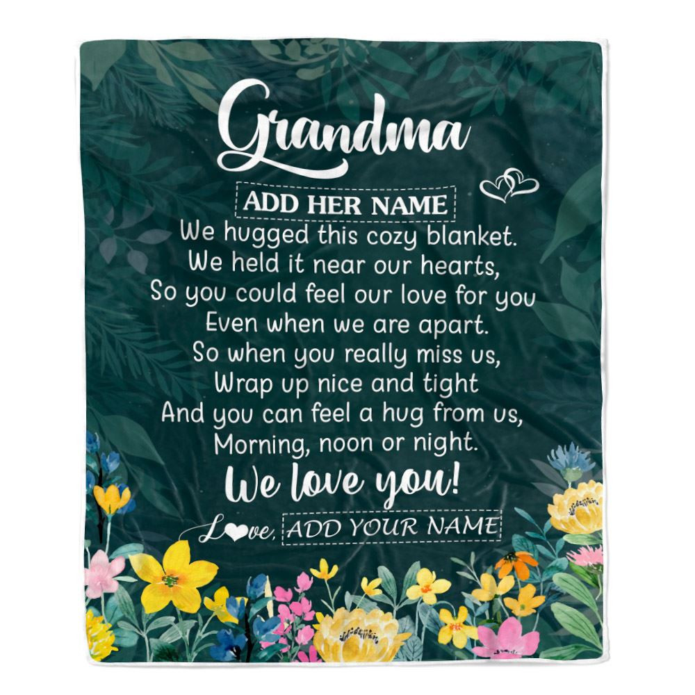 Personalized Grandma Blanket From Granddaughter Grandson Floral Green We Love You Grandma Birthday Gifts Mothers Day Christmas Customized Fleece Blanket