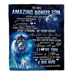 Personalized To My Amazing Bonus Son Lion Blanket From Stepdad Dad My Sunshine Stepson Birthday Gifts Graduation Christmas Customized Fleece Blanket