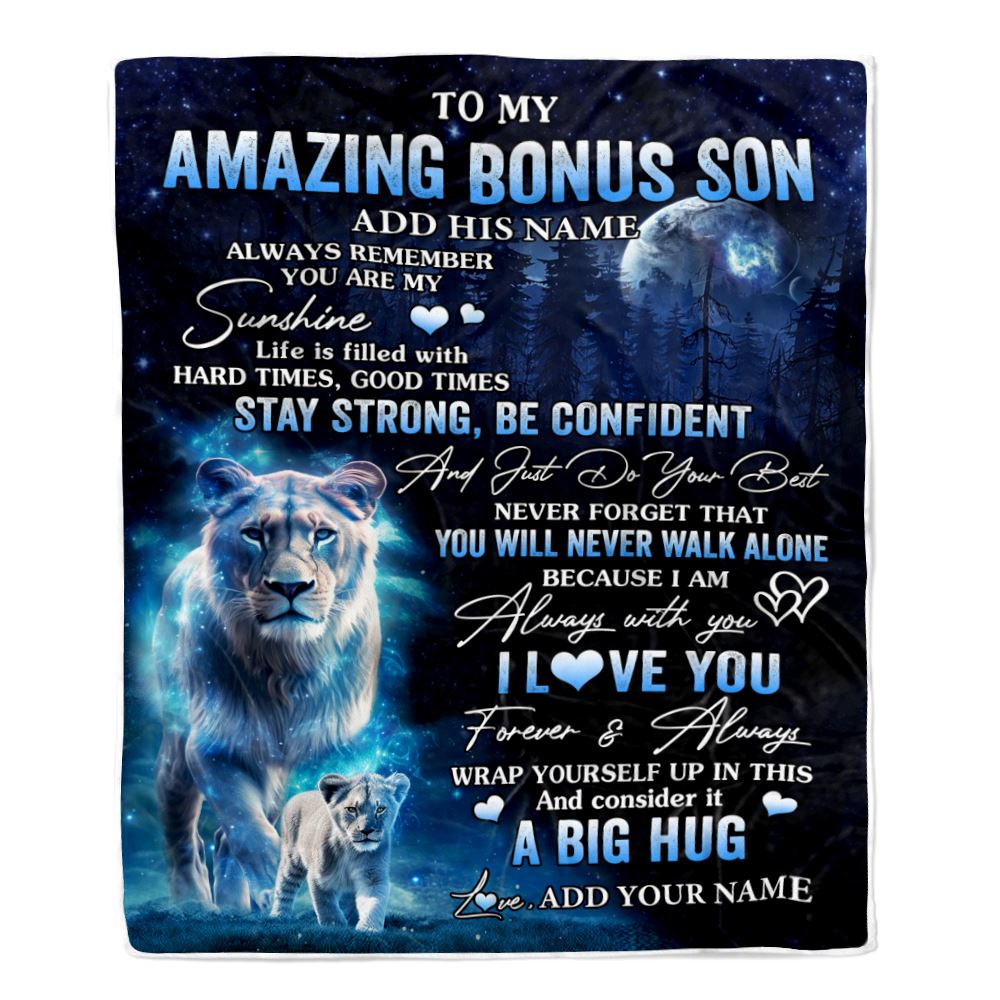 Personalized To My Amazing Bonus Son Lion Blanket From Stepmother My Sunshine Stepson Birthday Gifts Graduation Christmas Customized Fleece Blanket