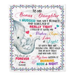 Personalized To My Bonus Daughter Blanket From Stepmom Elephant I Huggest This Soft Blanket Stepdaughter Birthday Christmas Customized Fleece Blanket