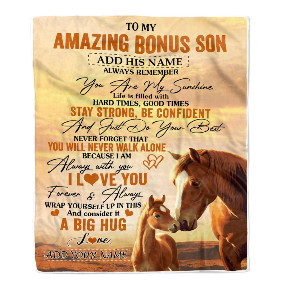 Personalized To My Amazing Bonus Son Horse Blanket From Stepmother Stepdad My Sunshine Stepson Birthday Gifts Graduation Christmas Customized Fleece Blanket