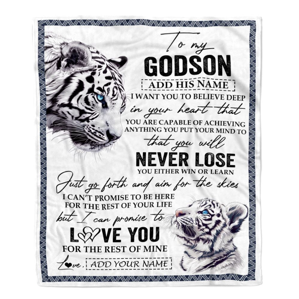 Personalized To My Godson Blanket From Godmother Uncle You Will Never Lose White Tiger Godson Birthday Gifts Graduation Christmas Customized Fleece Blanket