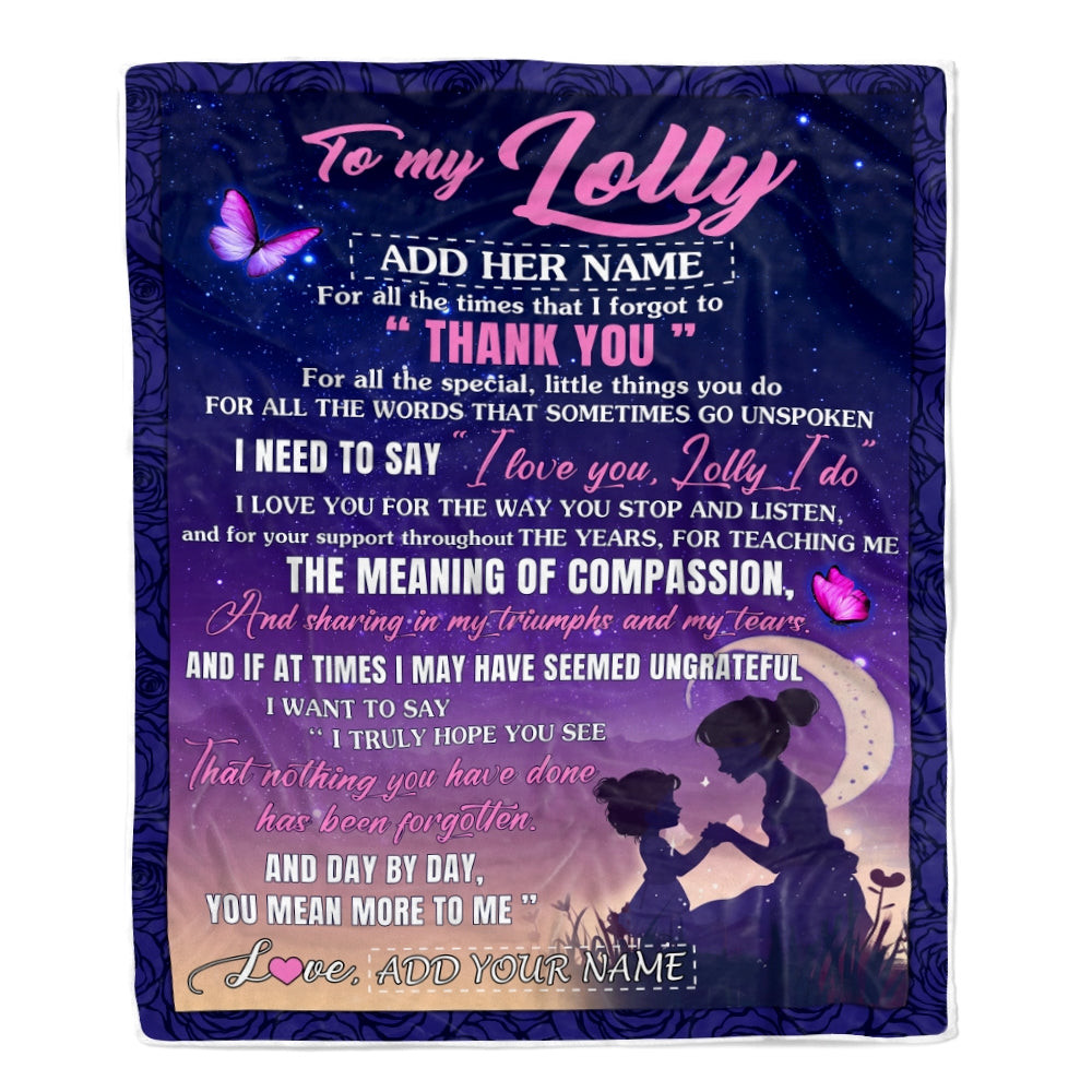 Personalized To My Lolly Blanket From Grandkids Grandson Night Sky Thank You Love You Lolly Birthday Gifts Mothers Day Christmas Customized Fleece Blanket