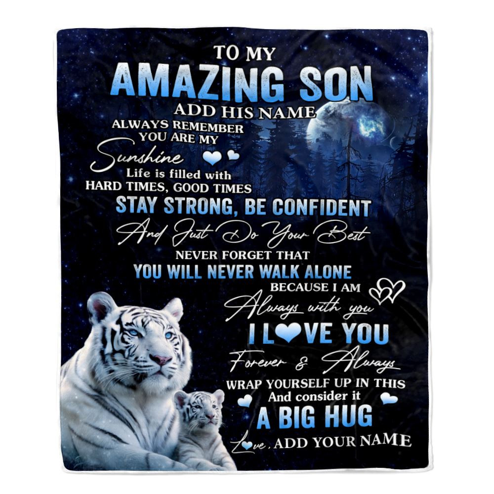 Personalized To My Amazing Son White Tiger Blanket From Mom Dad Mother Father My Sunshine Son Birthday Gifts Graduation Christmas Customized Fleece Blanket