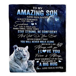 Personalized To My Amazing Son White Tiger Blanket From Mom Dad Mother Father My Sunshine Son Birthday Gifts Graduation Christmas Customized Fleece Blanket