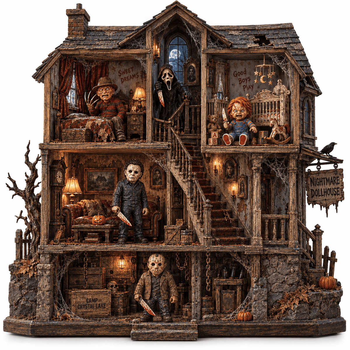 Horror Icons Haunted House Halloween Wooden Block
