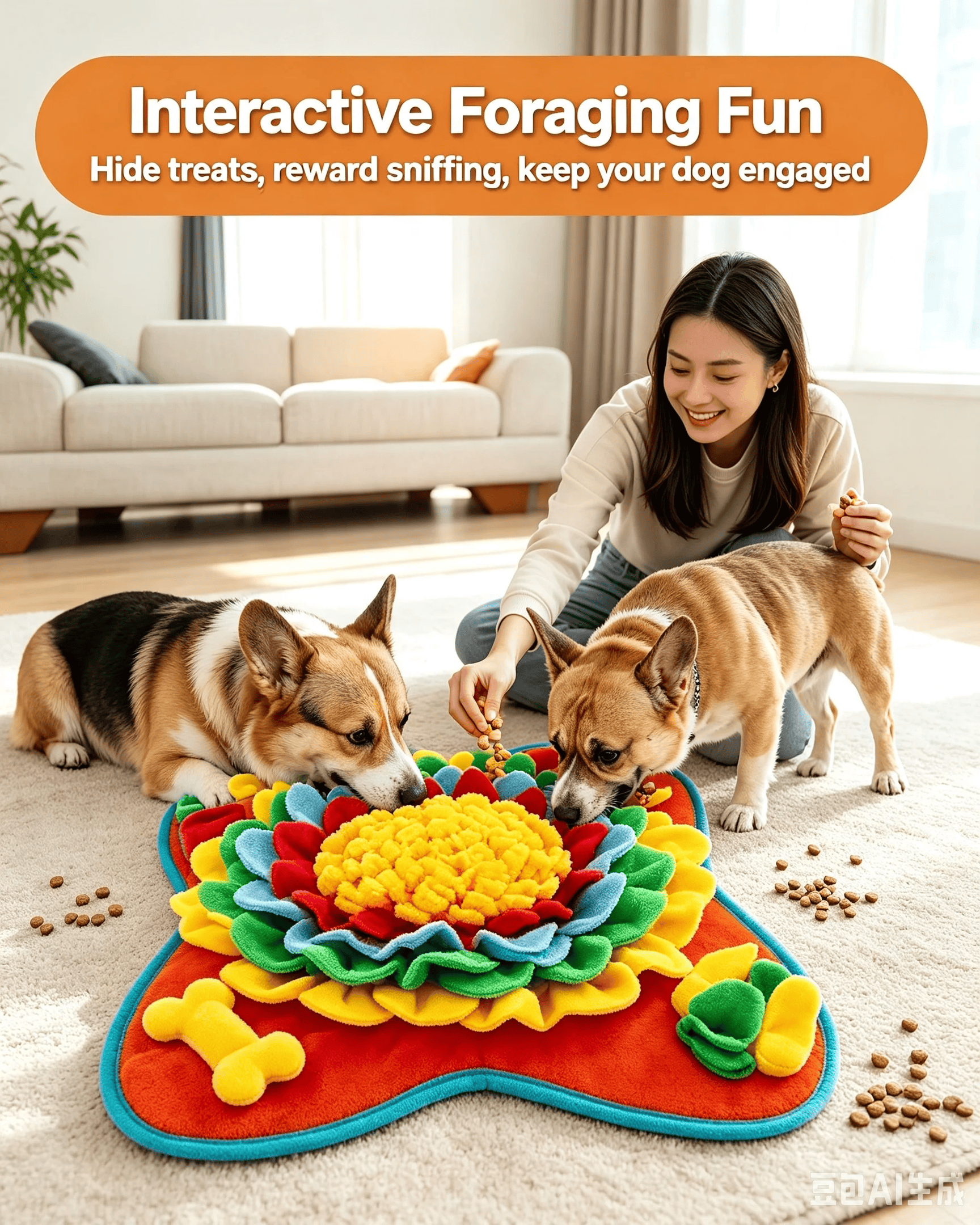Snuffle Mat for Golden Retrievers - dogs foraging on snuffle mat indoors