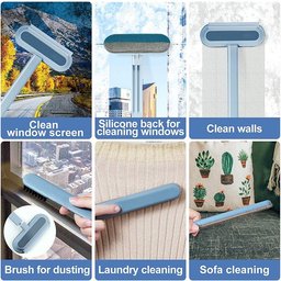4-in-1 pet hair remover brush for Golden Retrievers – collage of brush uses for windows, walls, dusting, laundry and sofas