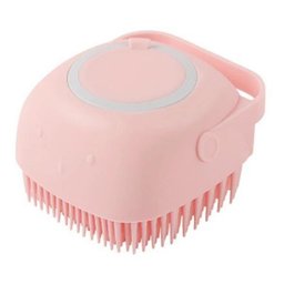 Shampoo-dispensing bath gloves for Golden Retrievers — pink silicone bath brush, close-up view