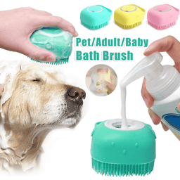 Shampoo-dispensing bath gloves for Golden Retrievers — bath brush in use, Golden Retriever with shampoo being poured into the teal brush