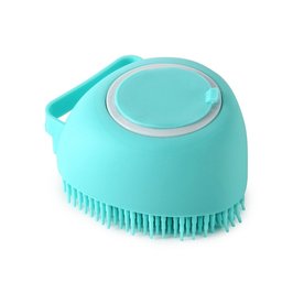 Shampoo-dispensing bath gloves for Golden Retrievers — teal round silicone bath brush, top view