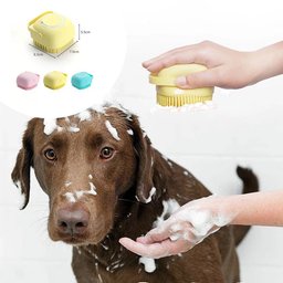 Shampoo-dispensing bath gloves for Golden Retrievers — dog being washed with the yellow bath brush