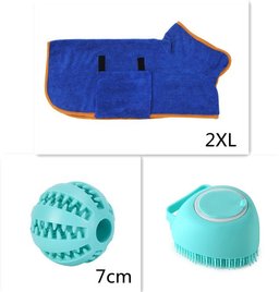 Shampoo-dispensing bath gloves for Golden Retrievers — gift set items, blue dog bathrobe, treat ball and bath brush