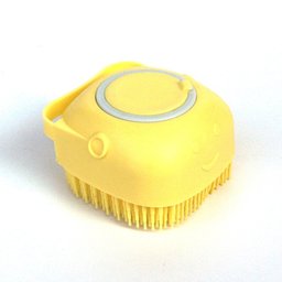 Shampoo-dispensing bath gloves for Golden Retrievers — yellow silicone bath brush, angled view